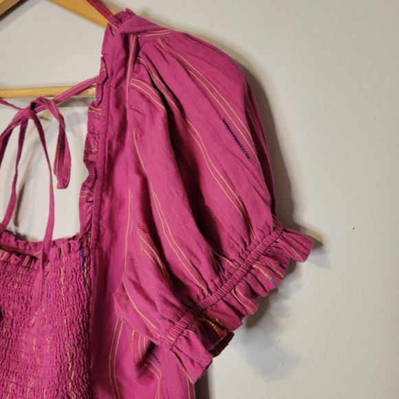 NWT Free People Seratonin Smocked Blouse Striped Raspberry Sherbert Size Medium - Picture 7 of 14